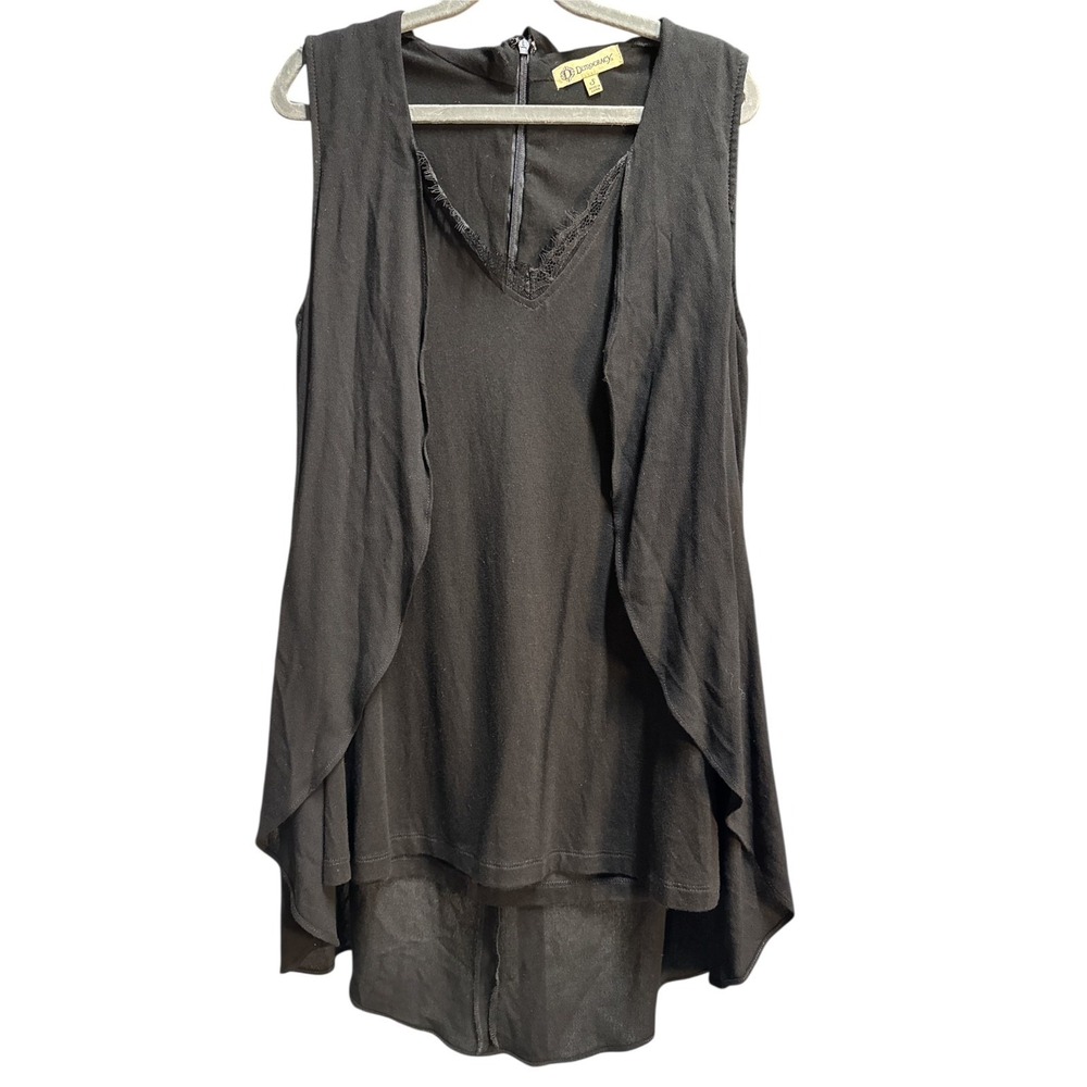 Democracy Black Sleeveless Layered Tunic Top Lace V-Neck Sheer Back NWT Small